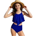 thumbnail image 1 of Fesfesfes Girls Ruffle Detail Two Piece Tankini Swimsuit Set Swimwear for Tweens Quick Dry UV Protection Beach Pool Play Comfortable Youth Active Wear Sporty Design(Blue,13-14 Years), 1 of 7