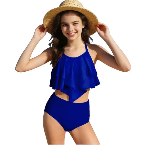 Fesfesfes Girls Ruffle Detail Two Piece Tankini Swimsuit Set Swimwear for Tweens Quick Dry UV Protection Beach Pool Play Comfortable Youth Active Wear Sporty Design(Blue,13-14 Years)