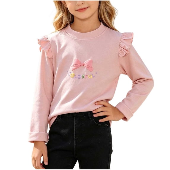 Fesfesfes Girls Ruffle Shoulder Long Sleeve Top Bow Detail Crew Neck Pullover Shirt, Cute Casual Autumn Winter Outfit for Kids Ages 0-8 Years