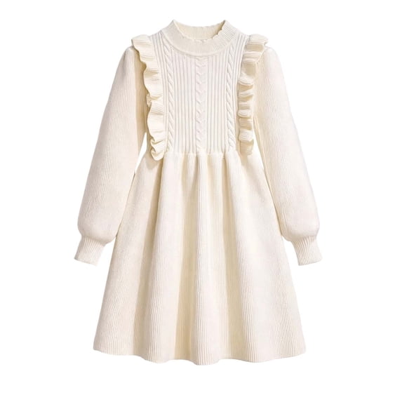 Fesfesfes Girls Ruffle Trim Knit Sweater Dress Crew Neck Long Sleeve A Line Princess Dress with Pleated Hem for School Party Daily Wear
