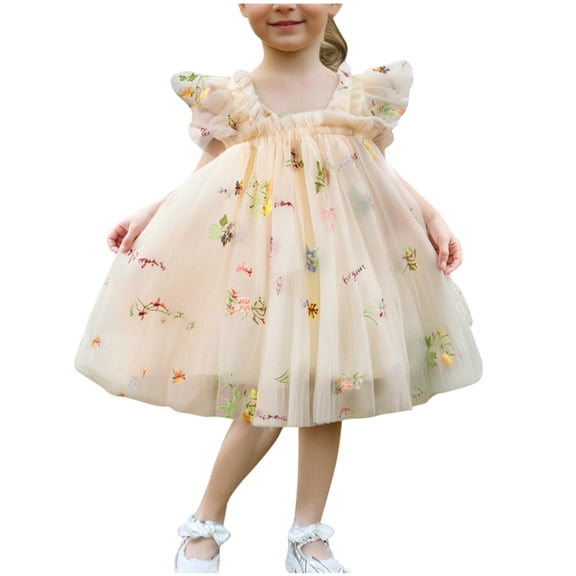 Fesfesfes Girls Ruffled Mesh Lace Sleeveless Party Dress Summer Embroidery Bow Dresses,Round Neck Fashion Outfit for Special Events(Beige,1 Years)