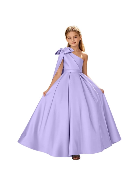 Girls Satin Ball Gown Princess Dress with Bow Shoulder, Sleeveless Floor Length Formal Party Maxi Dress for Prom Wedding Pageant Birthday Kids Ages 2-14 Years