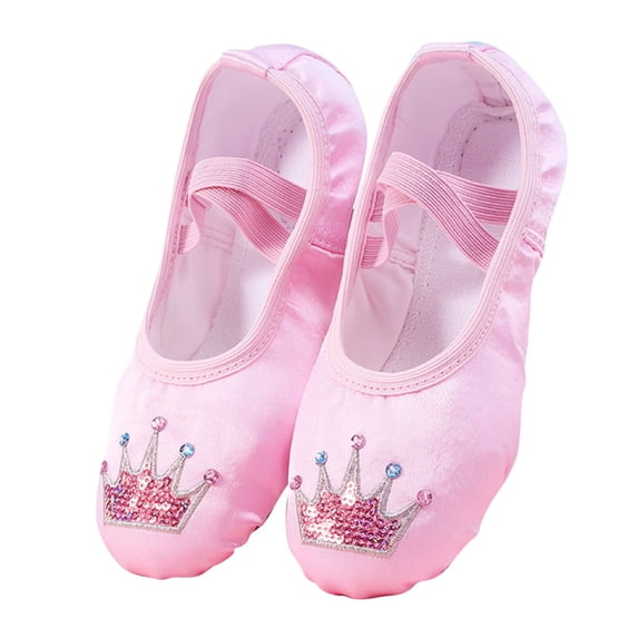 Fesfesfes Girls Satin Dance Shoes with Rhinestone Bows,Soft Sole Gymnastics Yoga Shoes for Ages 2-14,Sparkly Sequined Kids Practice Shoes, Comfortable Elastic Closure Footwear(Pink#2,7 Years)