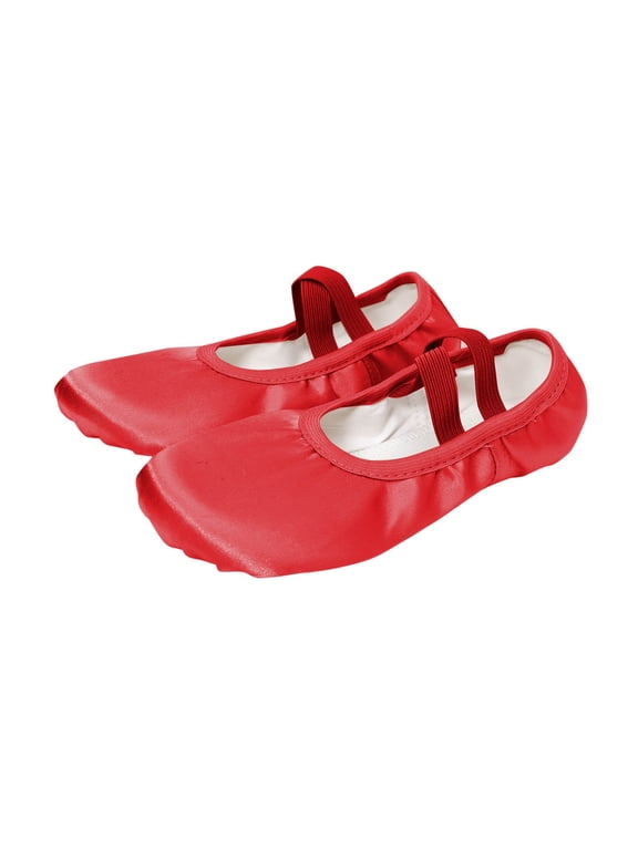 Girls Satin Dance Shoes with Rhinestone Bows,Soft Sole Gymnastics Yoga Shoes for Ages 2-14,Sparkly Sequined Kids Practice Shoes, Comfortable Elastic Closure Footwear(Red#3,12-13 Years)