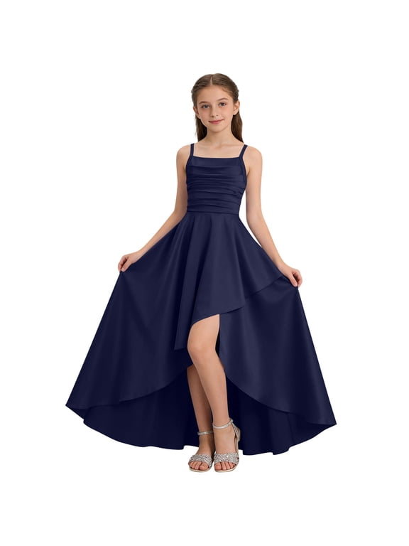 Girls Satin High Low Maxi Dress Sleeveless Square Neck Adjustable Straps Crisscross Back A-Line Formal Party Gown for Birthday Pageant Wedding Kids Ages 5-16 Years