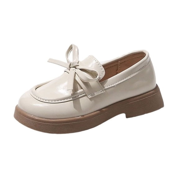 Fesfesfes Girls All Season British Loafers,Solid Color Bow Big Kids Leather Shoes,Slip On Soft Sole Flat Uniform Shoes,Casual Daily Dress Shoes for Kids