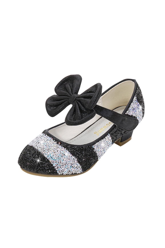 Girls Sequin Bow Princess Shoes Round Toe Crystal Dress Shoes with Soft Sole,Party Dance Heels for Kids,Holiday Celebration Footwear(Black,4.5 Years)