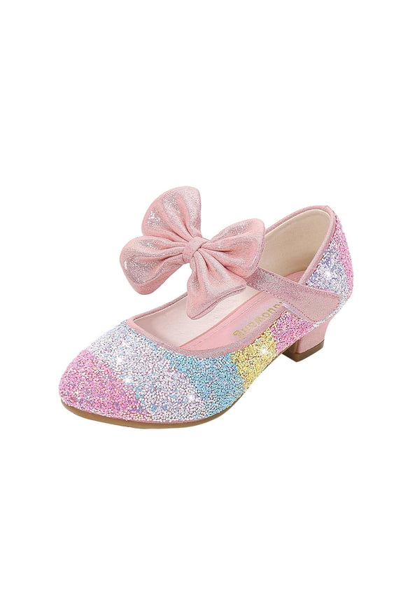 Girls Sequin Bow Princess Shoes Round Toe Crystal Dress Shoes with Soft Sole,Party Dance Heels for Kids,Holiday Celebration Footwear(Pink,7 Years)
