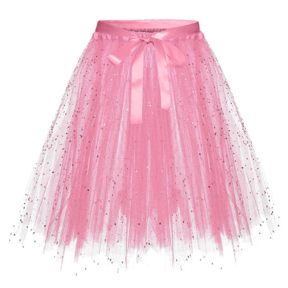 Fesfesfes Girls Sequin Tulle Skirt with Drawstring Bow Waist, Shiny Glitter Mesh Pleated Mini Skirt, Party Dance Princess Outfit for Kids Teens Ages 2-17 Years