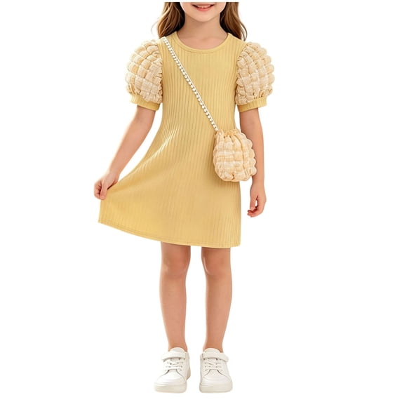 Fesfesfes Girls Short Puff Sleeve Ribbed Knit Dress with Matching Mini Crossbody Bag Round Neck A-Line Casual Summer Spring Outfit Ages 3-9 Years