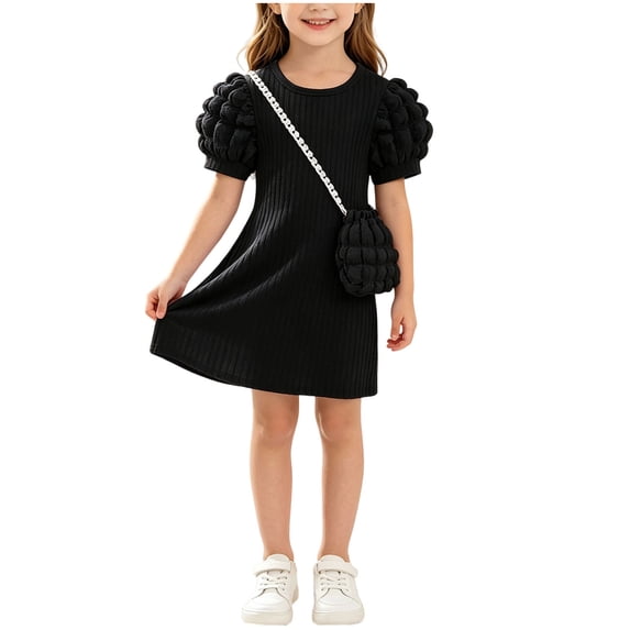 Fesfesfes Girls Short Puff Sleeve Ribbed Knit Dress with Matching Mini Crossbody Bag Round Neck A-Line Casual Summer Spring Outfit Ages 3-9 Years