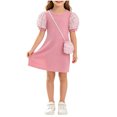 thumbnail image 1 of Fesfesfes Girls Short Puff Sleeve Ribbed Knit Dress with Matching Mini Crossbody Bag Round Neck A-Line Casual Summer Spring Outfit Ages 3-9 Years, 1 of 6