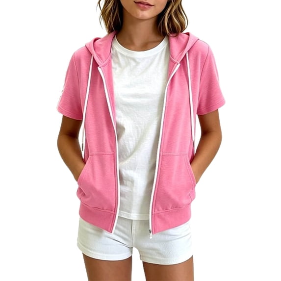 Fesfesfes Girls Short Sleeve Zip Up Hoodie Lightweight Summer Cardigan Jacket, Casual Hooded Top with Pockets for Kids Ages 5-15 Years