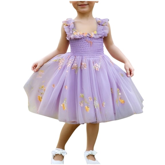 Fesfesfes Girls Sleeveless Mesh Lace Princess Dress Summer Ruffled Embroidery Bow Dresses,Round Neck Party Wear for Birthday and Holiday(Purple,2 Years)