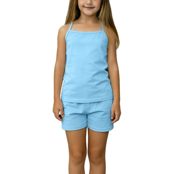 Fesfesfes Girls Sleeveless Tank Top with Shorts 2 Piece Set Summer Comfortable Casual Outfit for Kids 4-15 Years Home Wear Playwear Soft Breathable Clothes(Light Blue,4-7 Years)