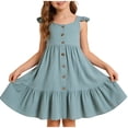 thumbnail image 1 of Fesfesfes Girls Solid Color Button Up Camisole Dress with Ruffled Sleeves and Flared Hem Casual Princess Style Dress for Toddlers and Kids(Sky Blue,2-3 Years), 1 of 6