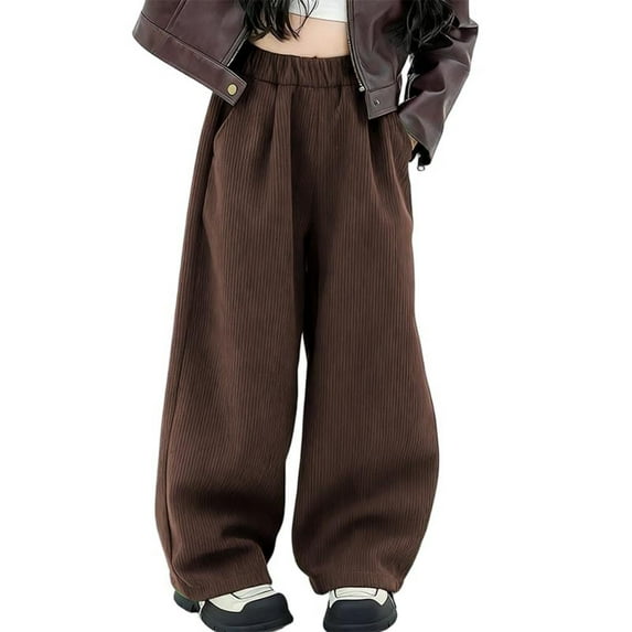 Fesfesfes Girls Solid Color Corduroy Wide Leg Pants Elastic Waist Casual Straight Leg Trousers Loose Fit Comfortable Everyday Wear Soft Fabric Outfit School Pants Holiday Bottoms(Brown,14-15 Years)