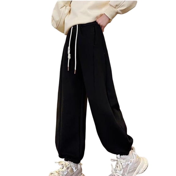 Fesfesfes Girls Solid Color Corduroy Wide Leg Pants Elastic Waist Casual Straight Leg Trousers Loose Fit Everyday Wear Soft Fabric Outfit School Pants Holiday Bottoms(Black#2,14-15 Years)