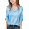 thumbnail image 1 of Fesfesfes Girls Solid Color Satin 3/4 Sleeve V Neck Casual Blouse Elegant Dressy Top for Kids Age 4 to 15 Years Comfortable Everyday Wear Soft Flowy Party Shirt(Blue,14-15Years), 1 of 7