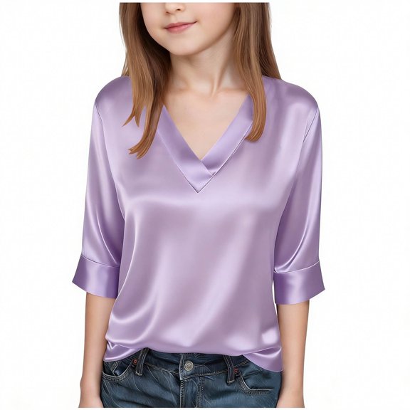Fesfesfes Girls Solid Color Satin 3/4 Sleeve V Neck Casual Blouse Elegant Dressy Top for Kids Age 4 to 15 Years Comfortable Everyday Wear Soft Flowy Party Shirt(Purple,14-15Years)
