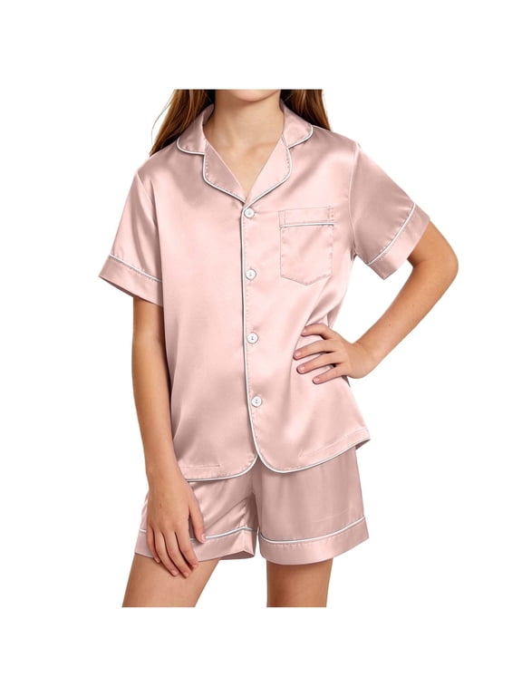 Girls Solid Color Short Sleeve Button Down Shirt and Shorts Set Soft Casual Two Piece Outfit for Summer Home Daily Wear