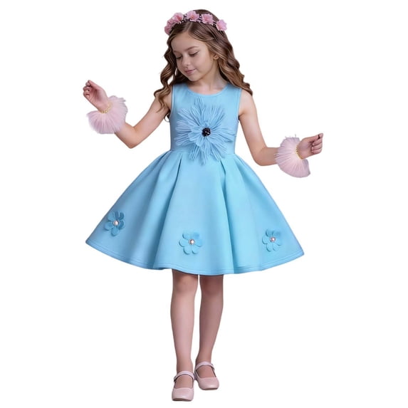 Fesfesfes Girls Solid Color Sleeveless Dress Princess Gown Shoulder Strap Party Dress Elegant Pleated Skirt Toddler Kids Formal Princess for Girl(Blue#2,1-2 Years)