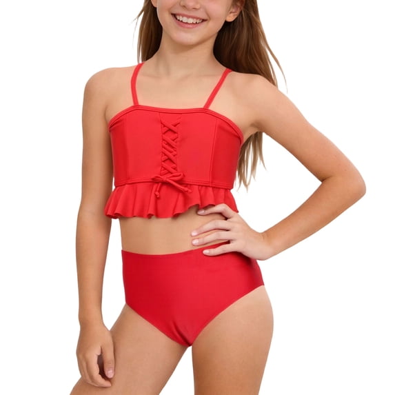Fesfesfes Girls Solid Color Two Piece Bikini Swimwear Set Quick Dry Comfortable Swim Suit for Kids Beach Pool Play Youth Active Wear Rash Guard UV Protection Outfit(Red#1,5 Years)