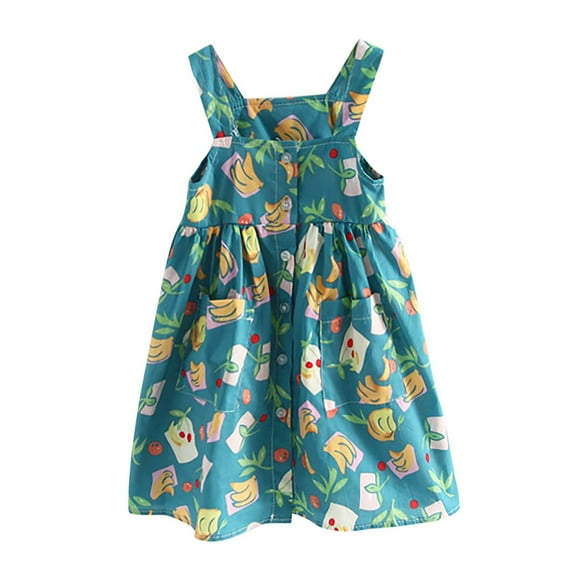 Fesfesfes Girls Spring Dress Baby Girls Sleeveless Sling Pocket Dress Colorful Fruit Print Children's Clothing