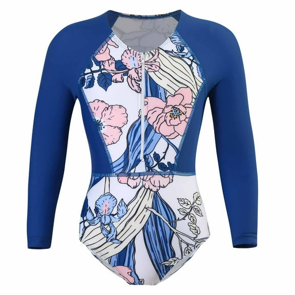 Fesfesfes Girls' Spring Summer Swimwear Rash Guard Swimsuit Zipper Bathing Suits Long Sleeve Ruffle Girl Full Cover Flower Print for Children(Blue,7-8 Years)