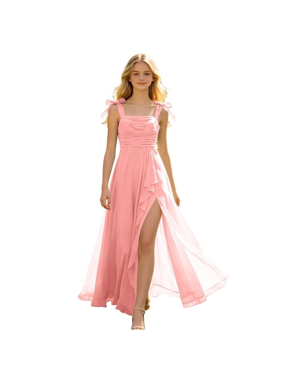 Girls Square Neck Spaghetti Strap Chiffon Maxi Dress with Tie Shoulders and Side Slit, Flowy Formal Party Gown for Summer Weddings Proms and Special Occasions Kids Ages 5-14 Years