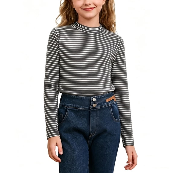 Fesfesfes Girls Striped Crew Neck Long Sleeve Top Soft Stretch Knit Tee, Casual Winter Base Layer Shirt for Kids School Daily Wear Ages 3-15 Years
