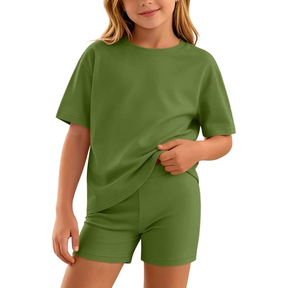 Fesfesfes Girls Summer 2 Piece Outfits Sporty Short Sleeve T-Shirt and Elastic Waist Biker Tight Shorts Set Tween Girls Clothes 5-16 Years