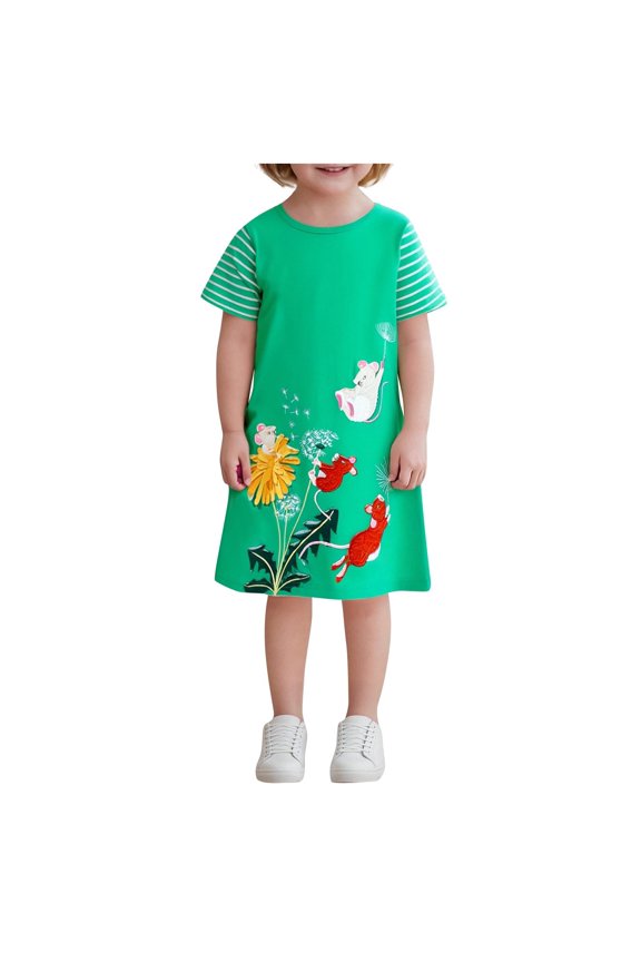 Girls' Summer Casual Dress Short Sleeve Round Neck Comfortable Dress,Elastic Waist A-Line Dresses,Cute Everyday Playwear Dresses for Kids(Green#2,3 Years)