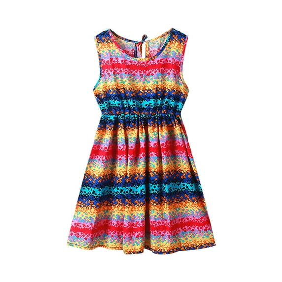 Fesfesfes Girls Summer Fashion Dress New Short Sleeve Ruffled Round-Neck Printed Sweet Tank Top for Stylish and Comfortable Wear 3-9 Years(Multicolor,7 Years)