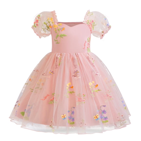 Fesfesfes Girls' Summer Lace Princess Dress Ruffled Sleeveless Embroidery Mesh Bow Dresses,Round Neck Party Dress,Spring Summer Fashion Printed Outfit for Kids(Pink,2 Years)