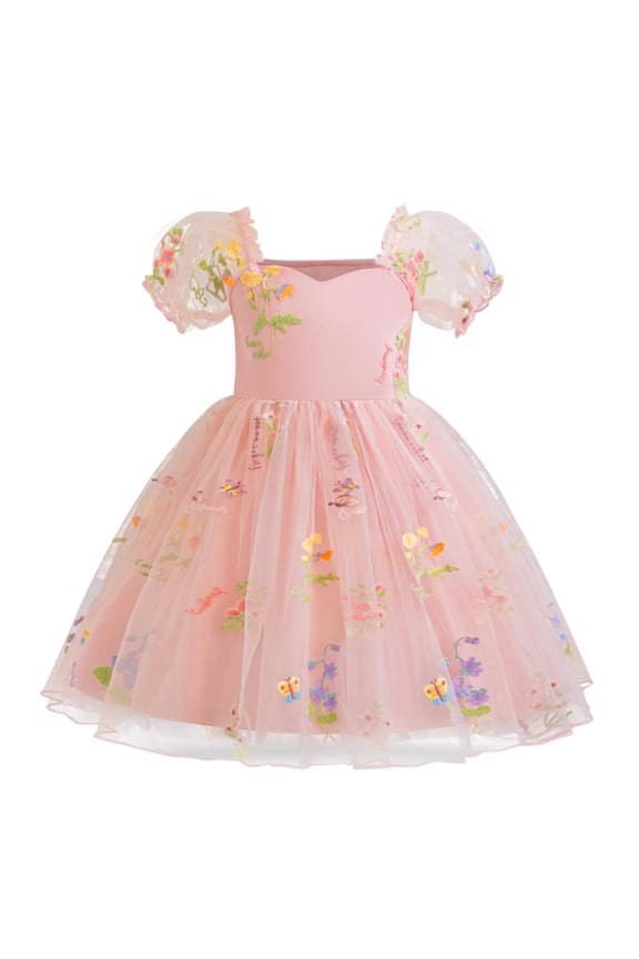 Girls' Summer Lace Princess Dress Ruffled Sleeveless Embroidery Mesh Bow Dresses,Round Neck Party Dress,Spring Summer Fashion Printed Outfit for Kids(Pink,2 Years)