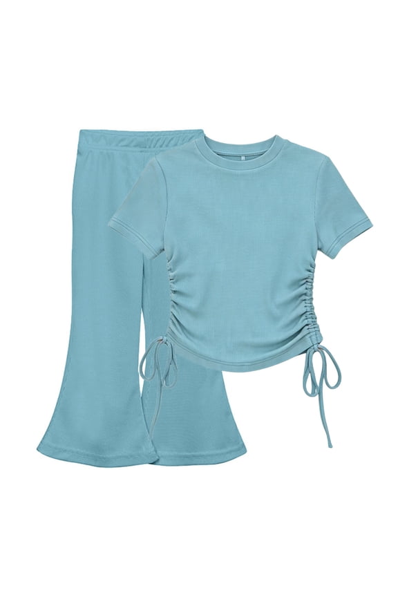 Girls Summer Outfit Two Piece Set Short Sleeve Top and Flared Pants Casual Playwear Childrens Clothing Set for Daily Wear Party(Blue,1-2 Years)