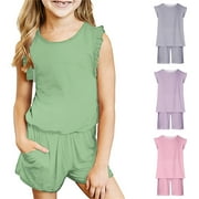 Fesfesfes Girls Summer Outfits Size 10-12 Toddler Baby Girl Comfortable Color Sleeveless Cotton T-shirt Shorts Set 7-8 Years