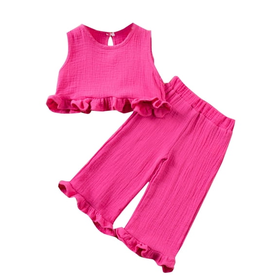 Fesfesfes Girls' Summer Ruffled Pant and Top Set Breathable Suspender Outfit,Long Pants with Short Sleeve Top,Cute 2-Piece Matching Clothes for Party and School(Red#1,6 Years)