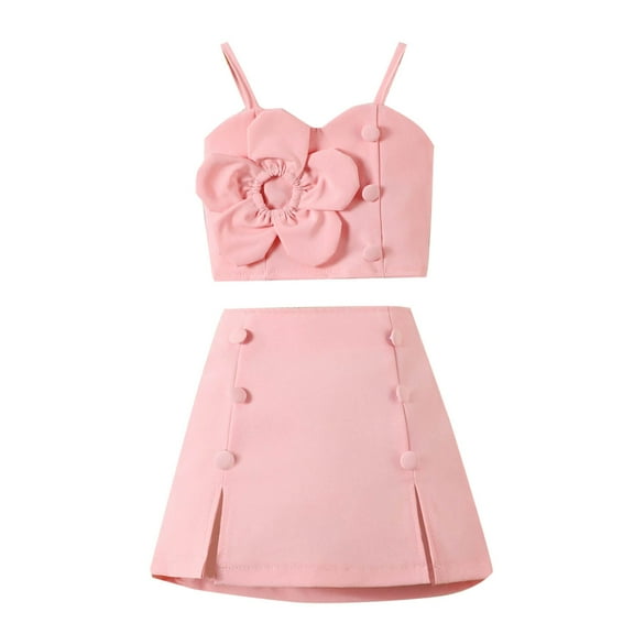 Fesfesfes Girls' Summer Ruffled Skirt & Top Set Breathable Suspender Outfit, Long Skirt with Short Sleeve Top,Cute 2-Piece Matching Clothes for Party and School(Pink,2 Years)