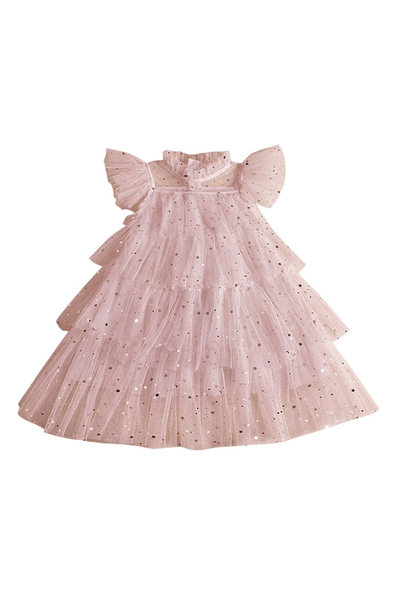 Girls' Summer Sequin Mesh Dress Flower Print Puffy Dresses with Flying Sleeves,Sparkly Party Dress, Boho Sundress for Children,Breathable Casual Holiday Dress(Pink,6-7 Years)