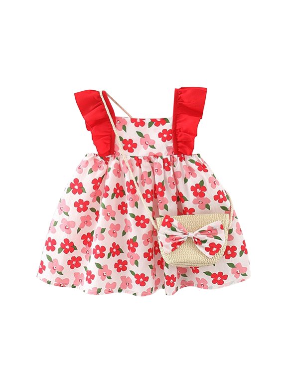 Girls Summer Sleeveless Printed Dress + Matching Bag 2-Piece Set Cute Above-the-Knee Toddler Outfit for 6 Months to 3 Years,Lightweight Casual Sundress(Red,6 Months)