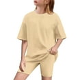 thumbnail image 1 of Fesfesfes Girls Summer T Shirts Shorts Sets Casual Clothes Set Big Kids Clothing Sets Outfits 5-14 Years Fashion Cute Solid Color Loose Soft Short Sleeve Yoga Shorts Suit, 1 of 8