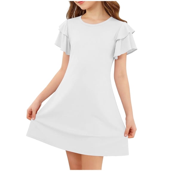 Fesfesfes Girls' Summer Solid Color Short Sleeve Crew Neck Elastic Waist Dress Casual Comfortable Dress for Kids A-line Ruffle Sleeve Casual Dress 5-15 Years