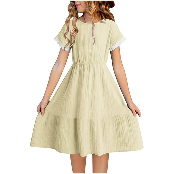 Fesfesfes Girls'Summer Solid Color Short Sleeve Crew Neck Elastic Waistband Dress with Pockets Casual Comfortable Cotton Blend Dress for Kids(Beige#1,9 Years)