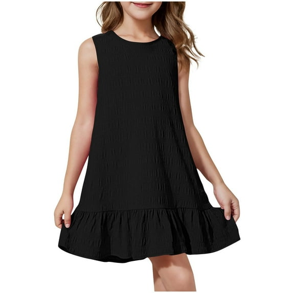 Fesfesfes Girls'Summer Solid Color Short Sleeve Crew Neck Elastic Waistband Dress with Pockets Casual Comfortable Cotton Blend Dress for Kids(Black,12 Years)