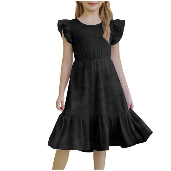 Fesfesfes Girls'Summer Solid Color Short Sleeve Crew Neck Elastic Waistband Dress with Pockets Casual Comfortable Cotton Blend Dress for Kids(Black#2,5 Years)