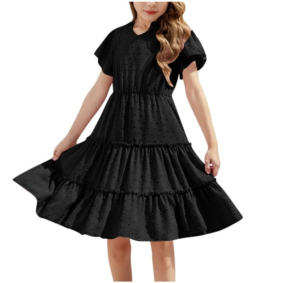 Fesfesfes Girls'Summer Solid Color Short Sleeve Crew Neck Elastic Waistband Dress with Pockets Casual Comfortable Cotton Blend Dress for Kids(Black,5-6 Years)