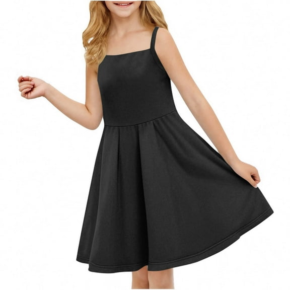 Fesfesfes Girls'Summer Solid Color Short Sleeve Crew Neck Elastic Waistband Dress with Pockets Casual Comfortable Cotton Blend Dress for Kids(Black,5 Years)