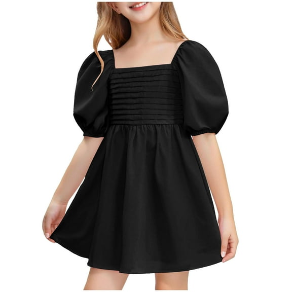 Fesfesfes Girls'Summer Solid Color Short Sleeve Crew Neck Elastic Waistband Dress with Pockets Casual Comfortable Cotton Blend Dress for Kids(Black,9 Years)